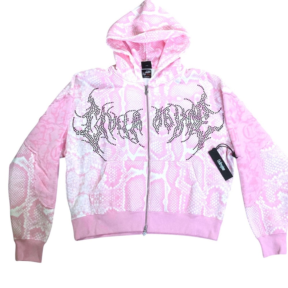 Civil Regime Chaos Luxe Baby Pink Rhinestone Zip Up Hoodie Mens Large